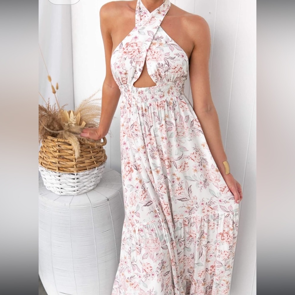 Amazon Floral Halter Maxi Dress - White and Pink